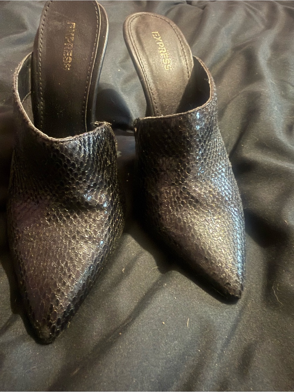 Express Black Faux Snakeskin Pointed Mule Heels